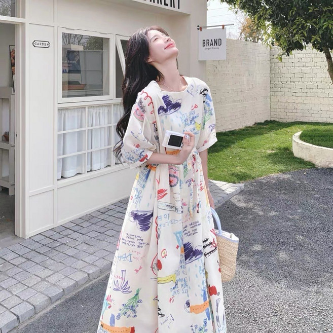 ZAJA 여름 반팔 원피스 빅사이즈 캐주얼 데일리 그래픽 프린트 100KG