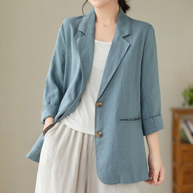 플랜앤유 여성 내추럴 린넨 루즈핏 자켓