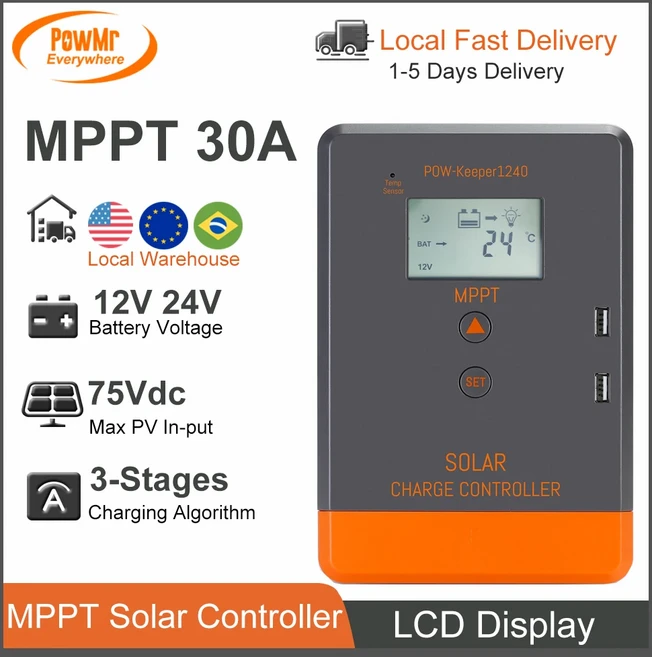 PowMr MPPT 태양 전지 패널 충전기 컨트롤러 20A 30A 40A 12V 24V 자동 LCD 디스플레이 AGM 젤 홍수 리튬, 01 CHINA, 03 MPPT 30A, 1개