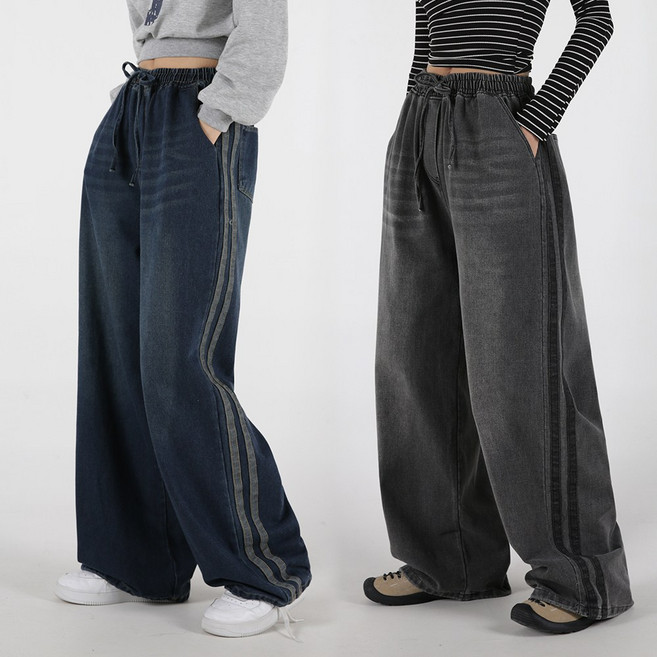 오버나인 여자 여성 벌룬 숏기장 롱기장 허리밴드 빈티지 트랙 두줄 와이드 데님 팬츠 청바지 통바지