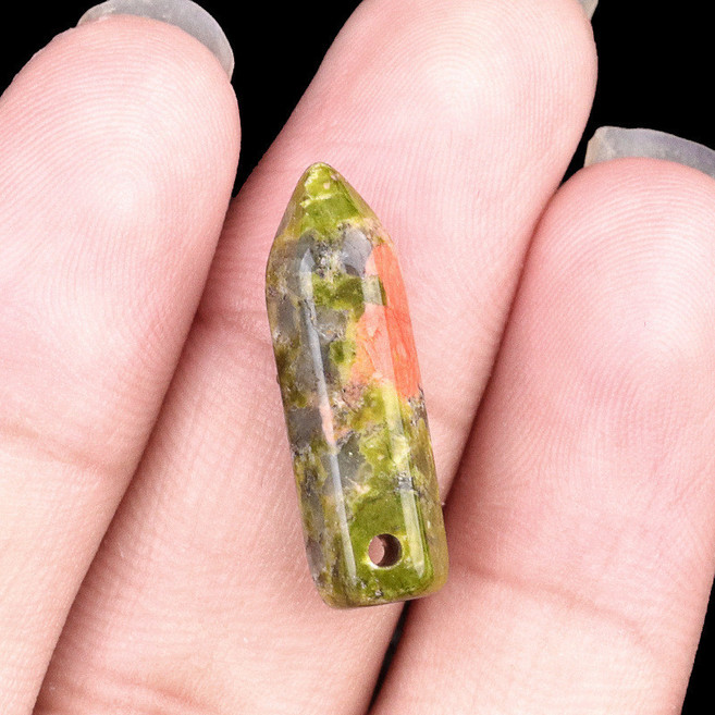 KS-天然水晶瑪瑙石頭子彈頭橫孔迷你六角柱 DIY手工飾品, 6x21mm花綠石（橫孔單顆）, 1個