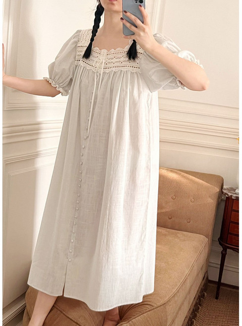 소녀소녀 면 레이스 단추 롱 반팔 원피스 홈웨어 공주님 잠옷 빅사이즈 봄 여름 파자마파티