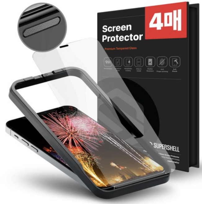 슈퍼쉘 강화유리 액정 보호 필름 4p + 스피커 방진망 + 부착가이드, 3개