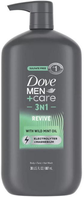 도브 멘+케어 3N1 리바이브 바디 + 페이스 + 헤어 워시 와일드 민트 오일 함유, 1개, 887ml