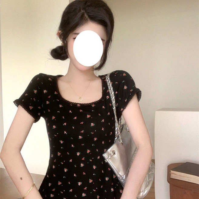 해피유통 여성 스퀘어넥 플라워 반팔 티 레이스 날씬해 보이는 여름 슬림 이너 쇼트 톱 jhXG12