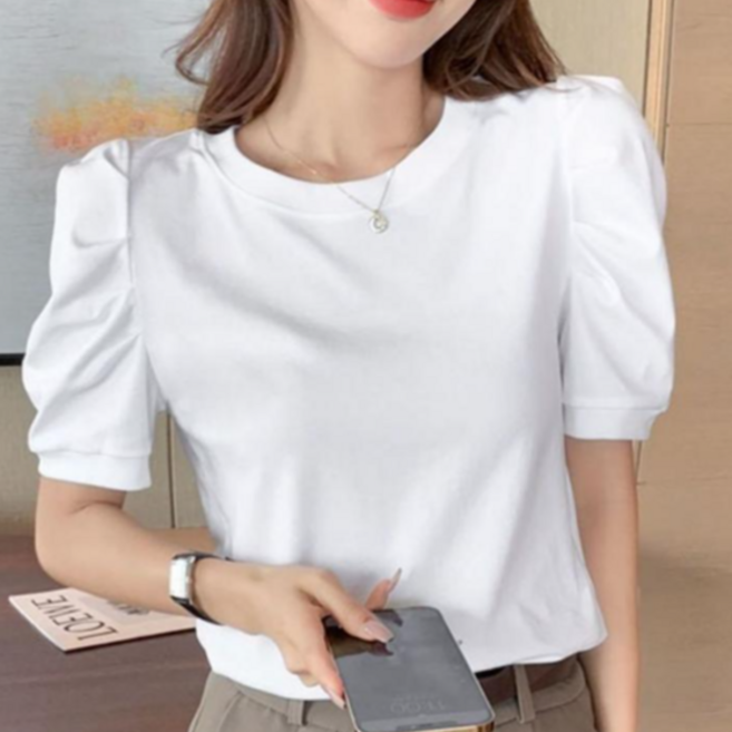 [엔젤D] 여성 애플 플리츠 퍼프 슬리브 반팔 티셔츠