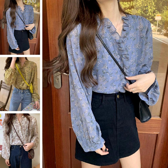 레이스 프릴 블라우스 여성 화사한 데일리 셔츠