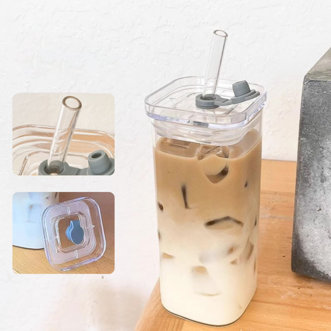 SMABAT 유리 텀블러 빨대 유리컵 이중내열 텀블러 밀폐뚜껑 빨대 포함 400ml, 1개, 투명