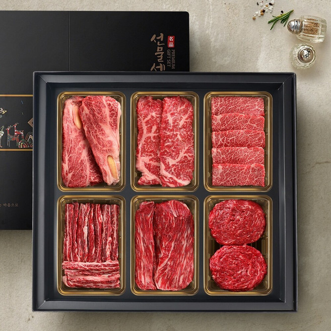 [투뿔한소] 한우 1++등급 구이정육모듬 선물세트 5호 2.4kg (등심400g+채끝400g+살치살400g+갈비살400g+국거리400g+불고기400g), 1개