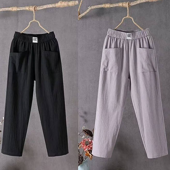 MAKABORO 1+1 여성 린넨 배기 팬츠 심플 캐주얼 통기성 9부 바지 슬랙스 데일리룩