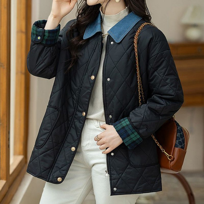 퀸이즈 여성용 소매 체크 배색 카라 퀄팅 자켓