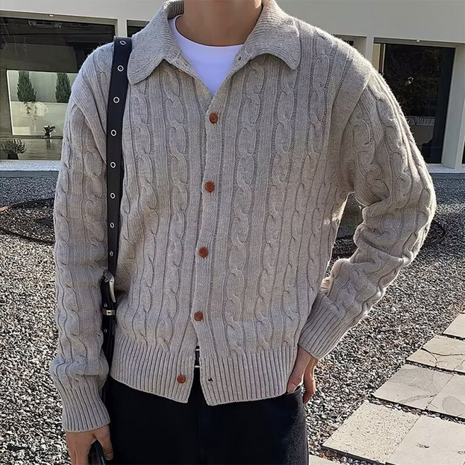 ANYOU 남자 니트 긴팔 티셔츠 루즈핏 집업 카디건 카라 긴팔 맨투맨 패션