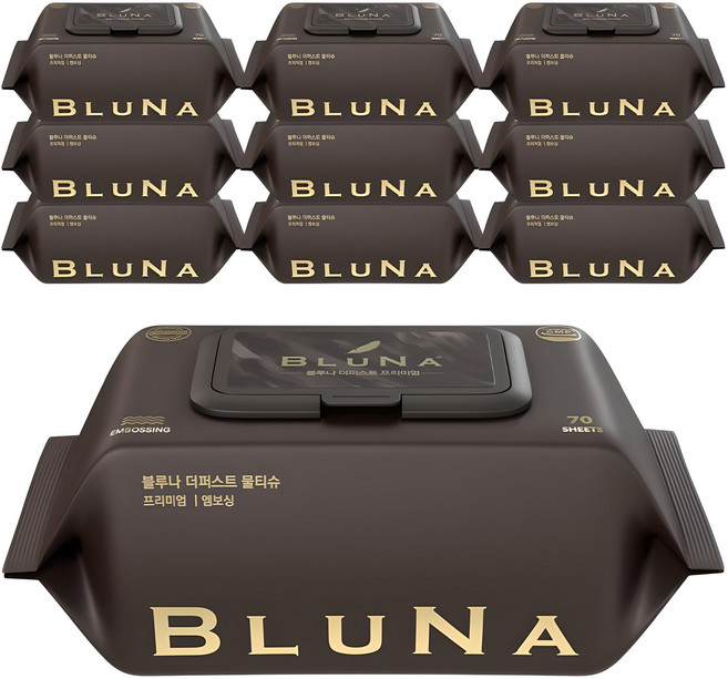 블루나 더퍼스트 프리미엄 엠보싱 물티슈 캡형, 75g, 70매, 10세트