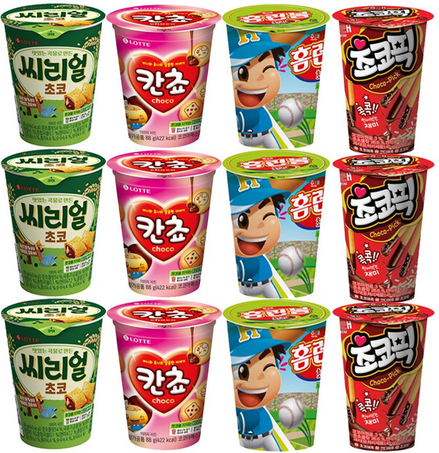 과자몬스터 칸쵸컵 88g + 홈런볼컵 51g + 씨리얼컵 89g + 초코픽 45g, 1세트, 4종