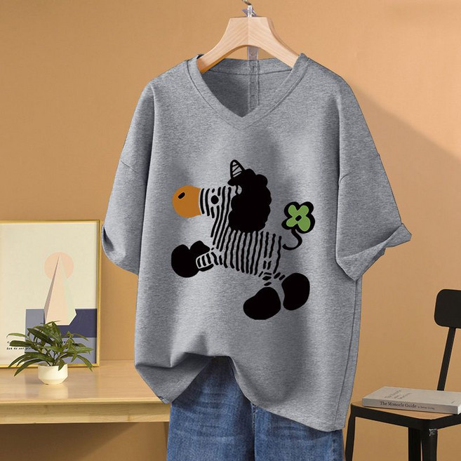 씨유언니 여성 오버핏 브이넥 반팔티 기본핏 빅사이즈 5부소매 티셔츠 데일리 상의