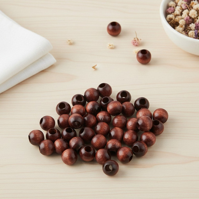 [10mm 구멍 대]국산 나무구슬 DIY 공예 재료 팔찌 목걸이 만들기 우드 비즈 80개입, 1세트, 나무구슬(구멍)-대10mm 팥색(80개)