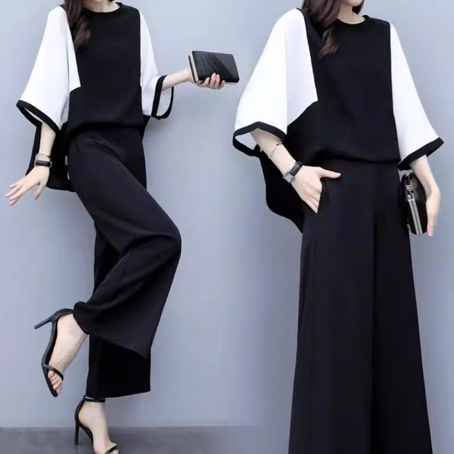 ANYOU 빅사이즈 여름 루즈핏 배트윙 티셔츠 와이드팬츠 세트 군살커버 슬림핏 데일리 시크 오피스룩 투피스