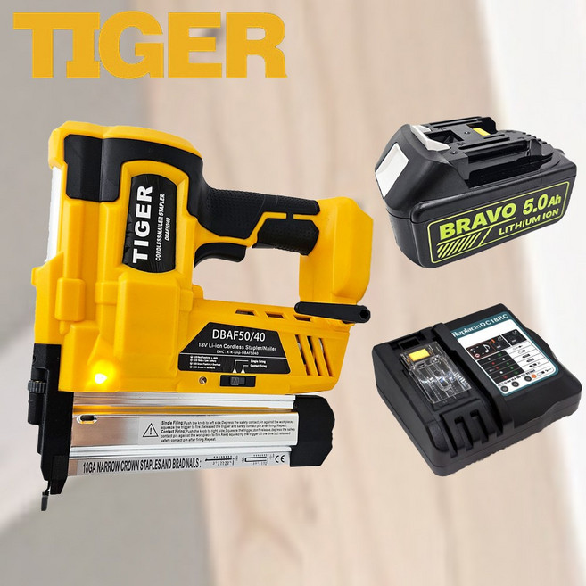 타이거 충전 타카총 목재용 에어총 ㄷ자 일자핀겸용 배터리5.0A 충전기세트, 세트1) 본체+배터리1개+충전기, 1