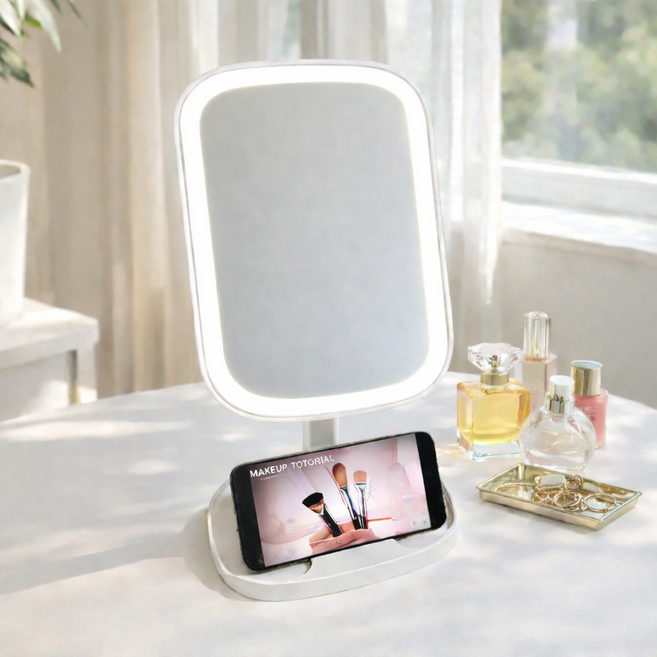 플랜와이 LED 조명 화장 거울 무선 C타입 충전 핸드폰 거치 360도 각도 밝기 조절, 화이트