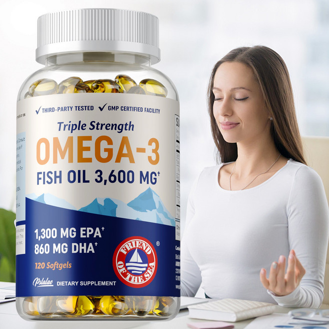 트리플 스트렝스 DHA 오메가 3 피쉬 오일 3600mg | DHA 860mg | EPA 1300mg | 최고의 필수 지방산 | 프리미엄 자연산 & 트림 없는 피쉬 오일, 1개, 120정