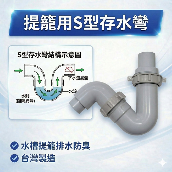 大王衛浴 S型存水彎 廚房水槽提籠排水防臭 台灣製造, 1個