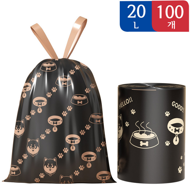 강아지 쓰레기봉투 양면 두꺼운 손잡이끈이 있어 편리한 비닐 봉투 향기나는 다용도 45*45cm 쓰레기 봉투, 100개, 20L
