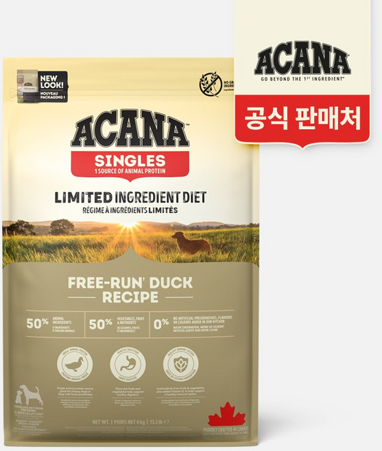 아카나 강아지 프리런 덕 건식사료, 오리+채소, 6kg, 1개