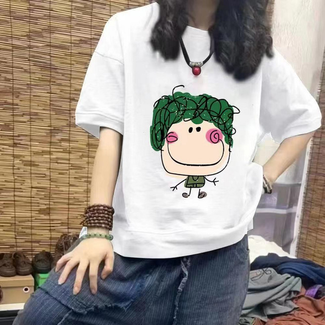 Vezri 캐릭터 프린트 반팔티 시원한 소재 루즈핏 오버사이즈 여성용 캐주얼 여름