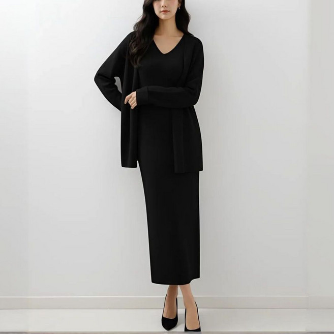 셀리나에스 부드러운 여성 니트 원피스 가디건 세트