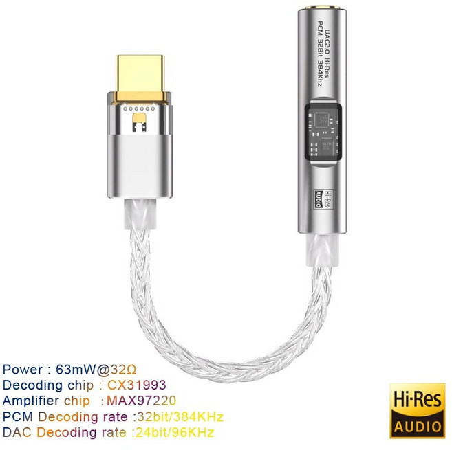 HiFi 유형 C ~ 3.5mm 잭 오디오 어댑터 듀얼 DAC 칩 USB 헤드폰 Aux 변환기 AMP 디코더 케이블 32Bit 384Kh, 은