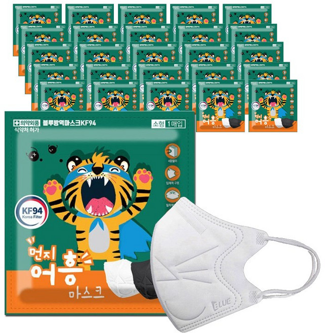 블루인더스 먼지 어흥 고양이 무늬 방역 마스크 KF94 소형, 1개입, 25개, 백색