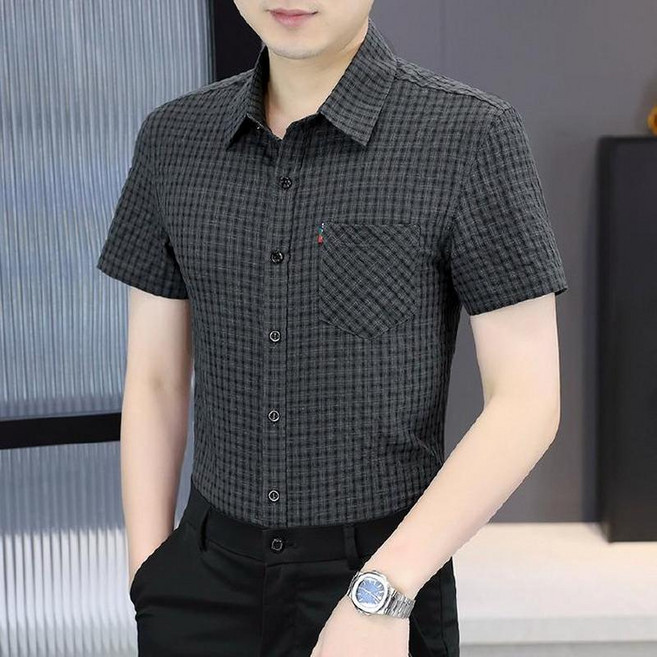 男士短袖格子口袋襯衫 商務休閒修身百搭
