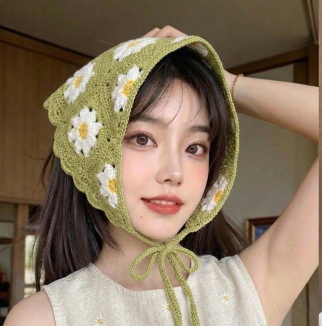 케이랜드 플라워 크로셰 보넷 니트 삼각 두건