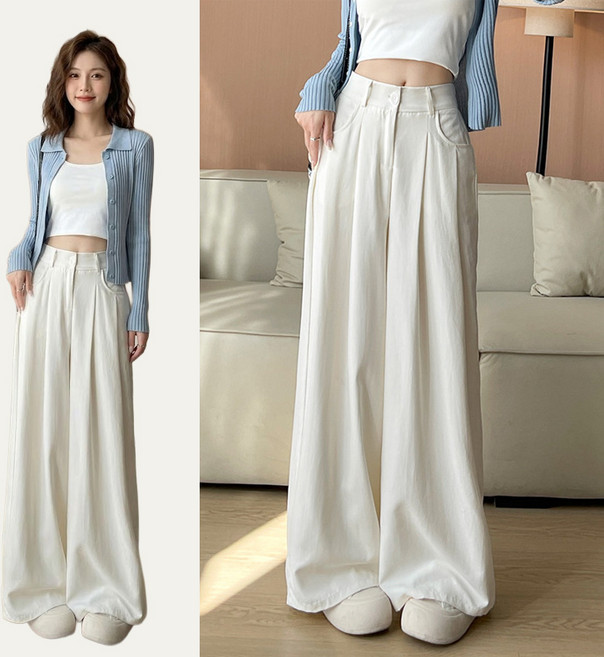 스토리원 WM-SSBT068 여성 핀턱 하프밴딩 와이드 팬츠