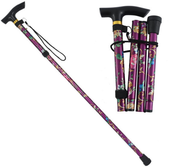 접이식 5단계 길이조절 꽃무늬 지팡이 가벼운 초경량 효도 노인 패션 스틱, 퍼플, 1개