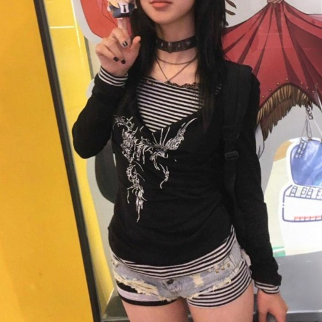 중지 T4897 빈티지 스트라이프 프린팅 긴팔티