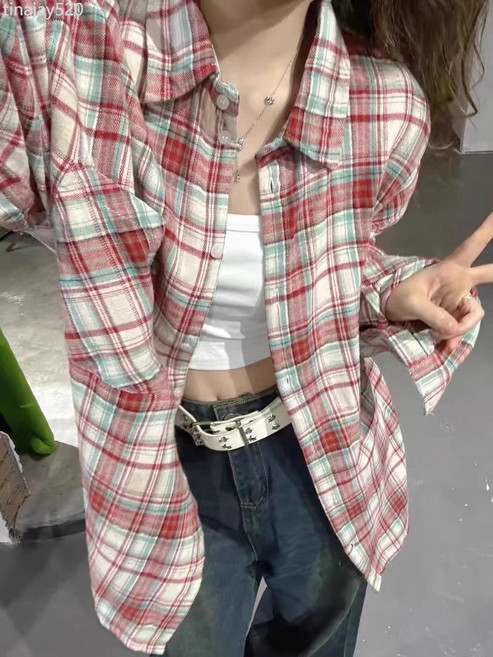美式復古甜酷格子長袖襯衫女上衣春秋新款設計感小眾寬鬆襯衣外套