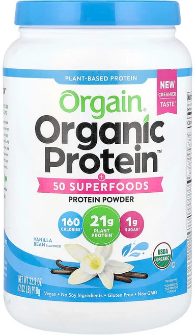 Orgain Organic Protein™ + 50 슈퍼 푸드 파우더 바닐라빈 918g(2.02lb) Orgain (올게인), 918g, 1개 - 쿠팡
