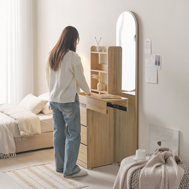 원마인드 히트 800 수납 그레이 전신거울 화장대, 히트전신거울화장대-오크