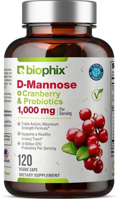biophix 바이오픽스 D-만노스 1000mg 캡슐 - 크랜베리 및 프로바이오틱스 함유 여성용 보충제 요로 방광 건강 지원을 위한 알약 소화 120 베지캡, 여성, 알약/캡슐, 1개
