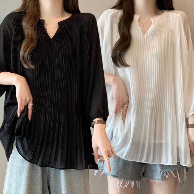 MOSAIRATION 여성 브이넥 플리츠 심플 루즈핏 빅사이즈 긴팔 쉬폰 블라우스 M01030322