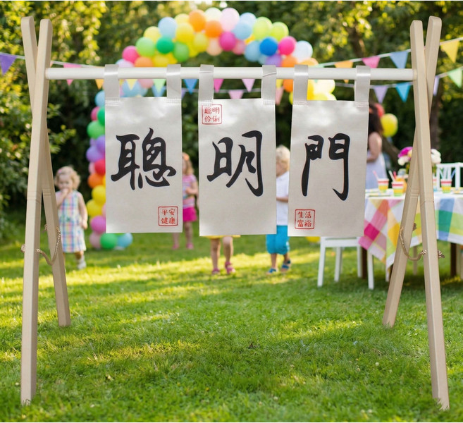 抓週 聰明門組 (含支架 布簾) - 寶寶週歲派對用品, 仿木質, 1套