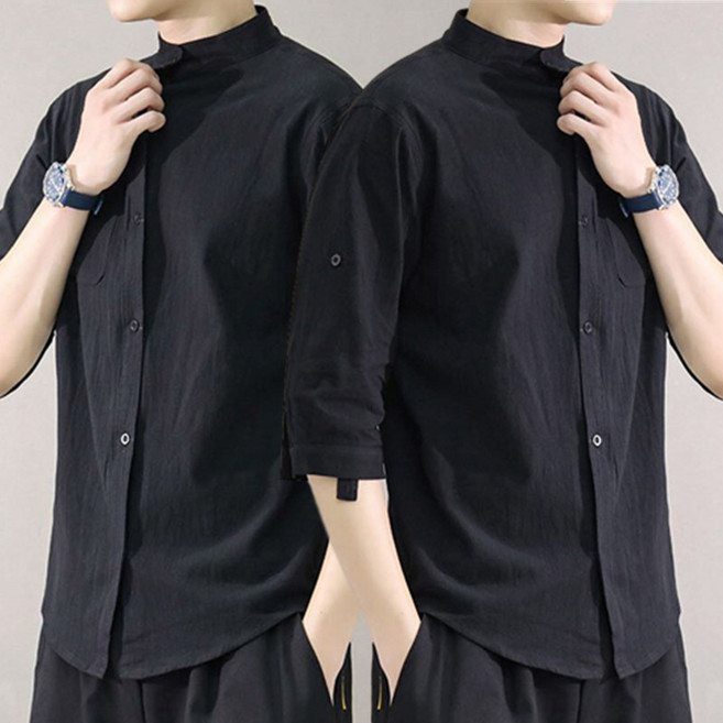 亞麻襯衫男士夏韓版潮流帥氣修身棉質七分袖春夏襯衣男短袖透氣