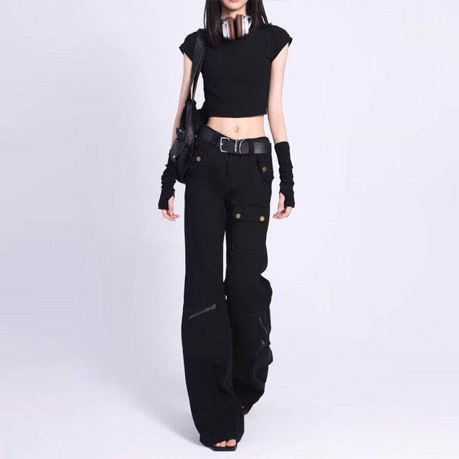 쁘띠꼬모 여성 와이드핏 하이웨스트 롱팬츠 체형커버 스트릿 루즈핏 블랙 데님팬츠 QXT5101545