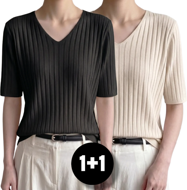 데일리핏샵 여성 봄 반팔 티 티셔츠 브이넥 골지 5부 반팔니트티 2종 세트