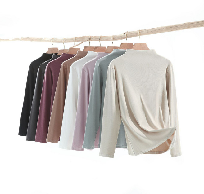 여성용 순면 슬림핏 목폴라 티셔츠 신축성 좋은 베이직 긴팔 데일리 캐주얼 상의