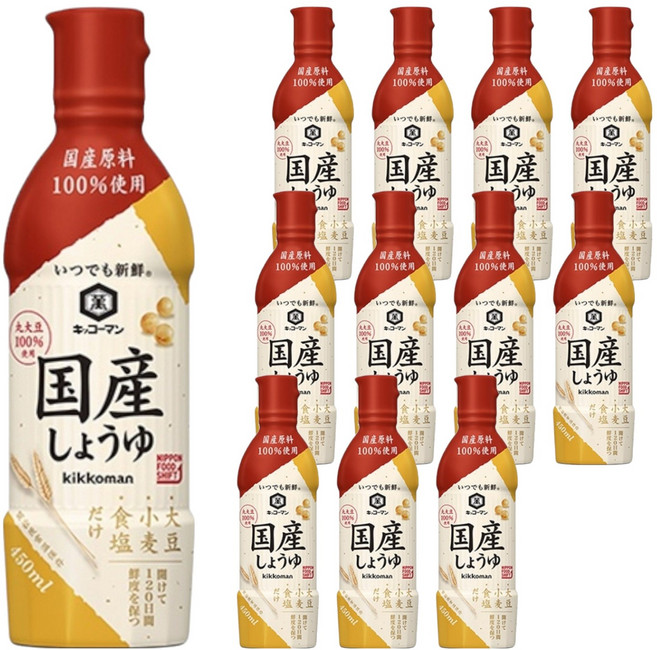 KIKKOMAN 龜甲萬 始終如一的新鮮整粒大豆製成的醬油, 450ml, 12個