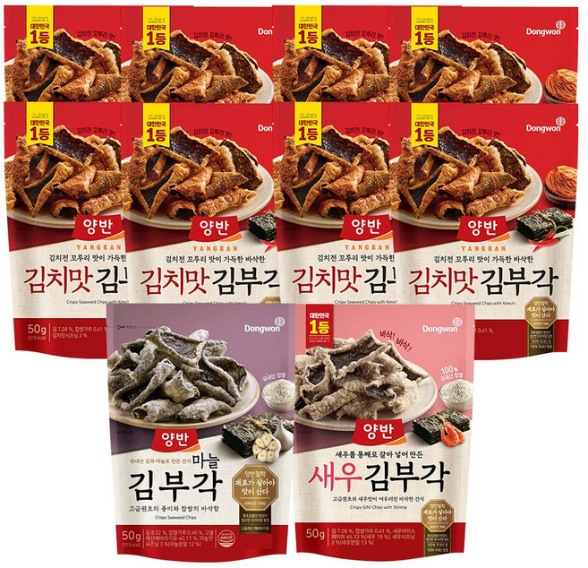 동원 양반 김부각50g 10개(김치맛 김부각8개+마늘1개+새우1개), 50g, 1개