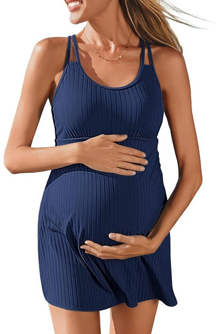 Summer Mae Ribbed Maternity One Piece Swimsuit Dress Wrap Bathing Suit with Built-in Pocket Short