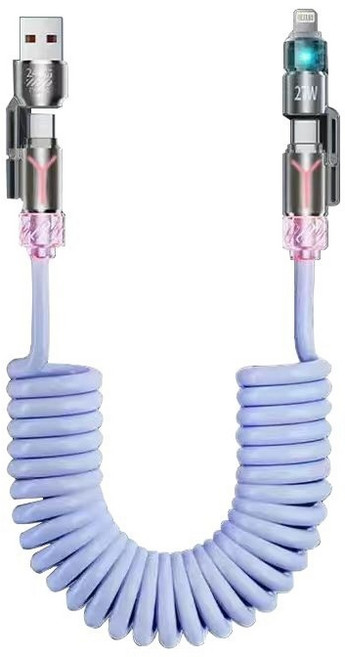 240W 4인1 멀티 인터페이스 스프링 고속 충전 케이블 발광 가능SJX, 1개, 스프링-블루, 2m